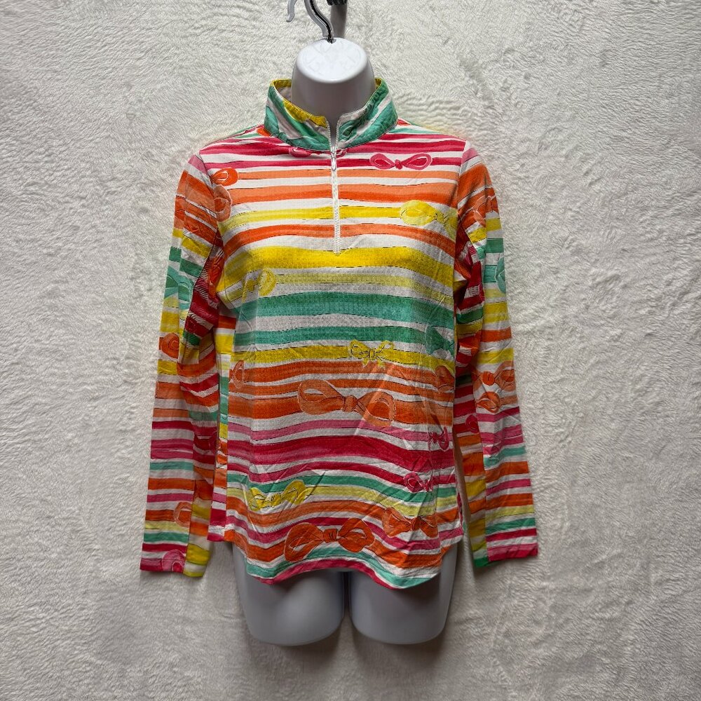 IBKUL Mock Neck Long Sleeve Top 1/4 Zip Women Small Pink Yellow Bow Print UPF 50